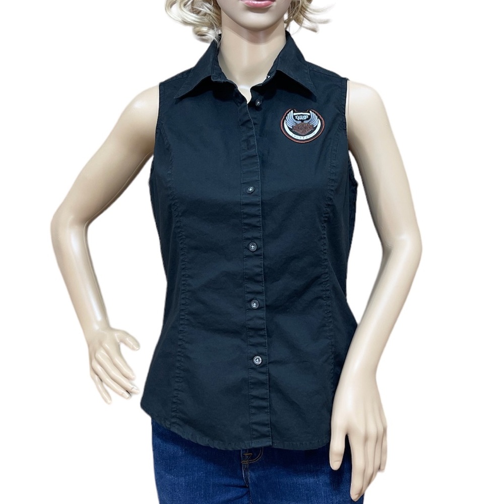 HARLEY-DAVIDSON Women’s Fitted Black Short Sleeve Button Down Shirt Size Medium
